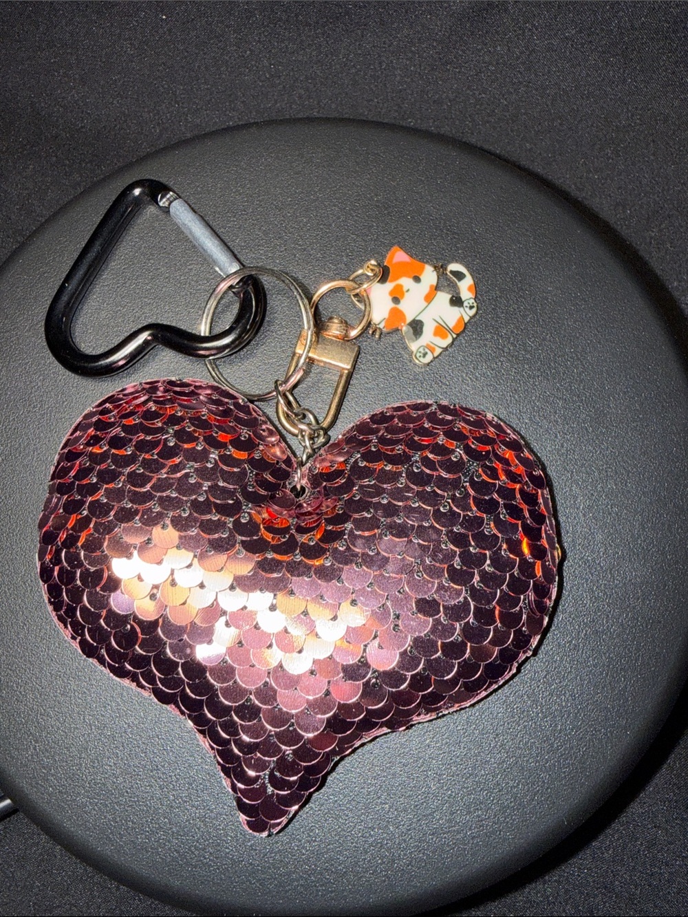 Sequin Heart Key & Card Holder with Cat Charm - Pink